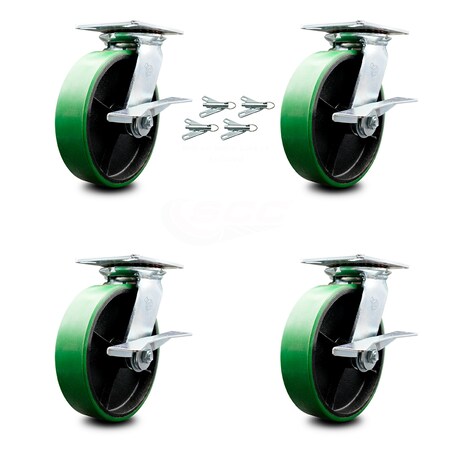 Service Caster 8 Inch Poly on Cast Iron Caster Set with Roller Bearing and Brakes/Swivel Locks SCC-35S820-PUR-GB-SLB-BSL-4